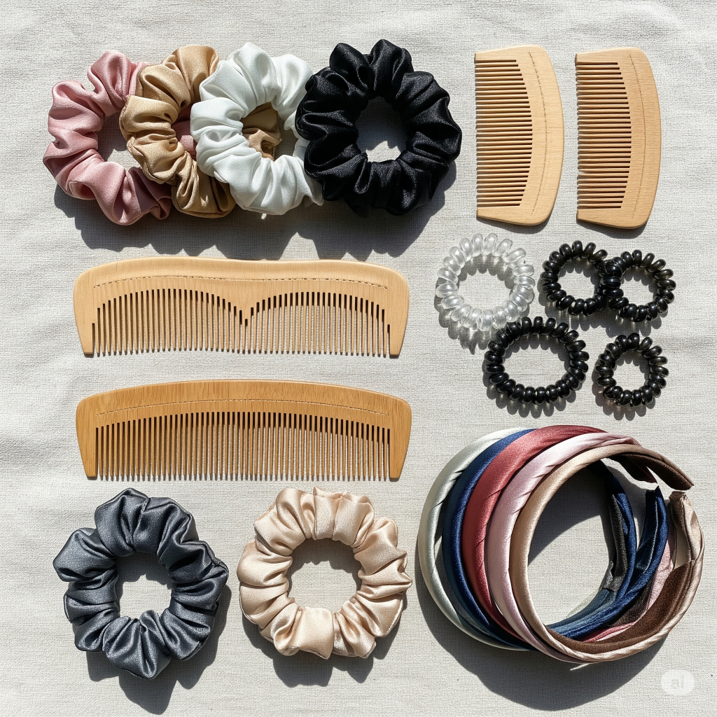 Coleção de acessórios de cabelo que protegem os fios, incluindo scrunchies de cetim, pentes de dentes largos, elásticos em espiral e tiaras de cetim, organizados sobre um fundo de tecido claro.