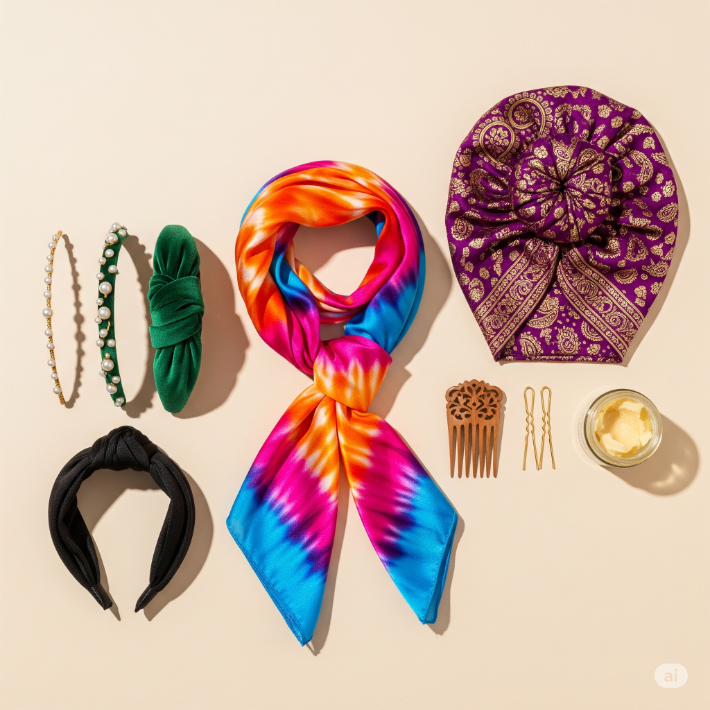 Acessórios de moda para cabelo crespo em uma composição, incluindo um lenço de seda colorido, um turbante roxo e dourado, e várias tiaras elegantes.