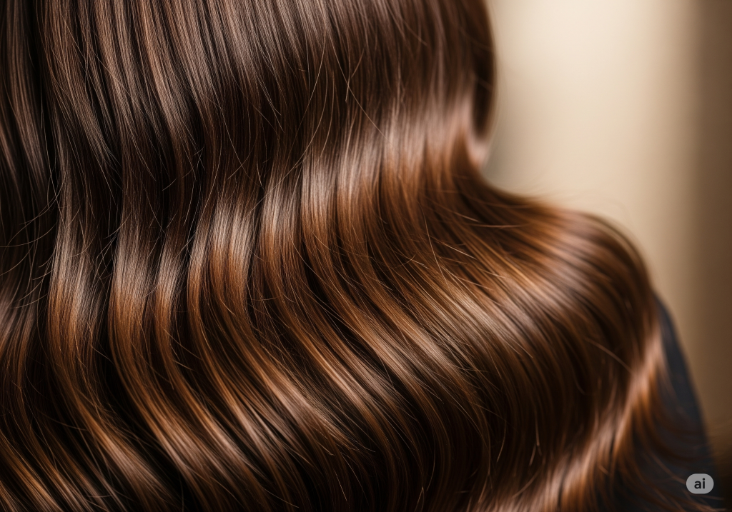 Cabelo castanho com um brilho intenso e aspecto sedoso, demonstrando o resultado de um tratamento com óleo capilar.