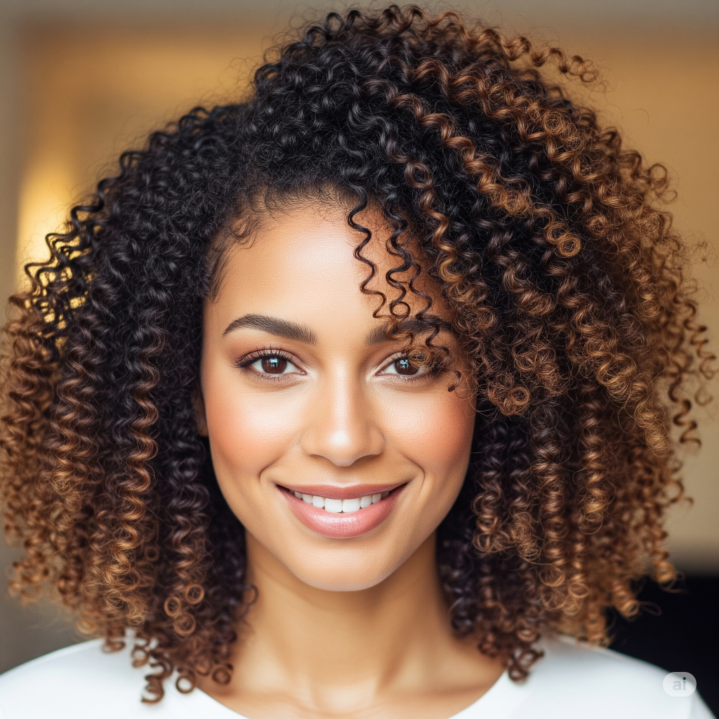 Mulher negra sorrindo, com cabelo crespo que exibe múltiplas texturas, com cachos mais abertos e outros mais fechados, ilustrando a diversidade de curvaturas em um mesmo cabelo.