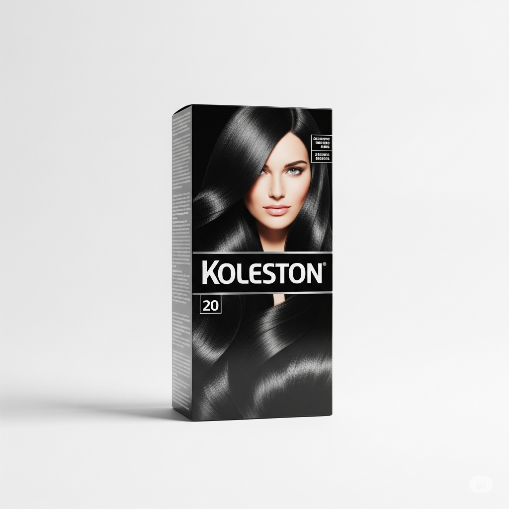 Uma caixa da Tintura Koleston 20 com uma modelo de cabelo preto na embalagem, em um fundo branco.