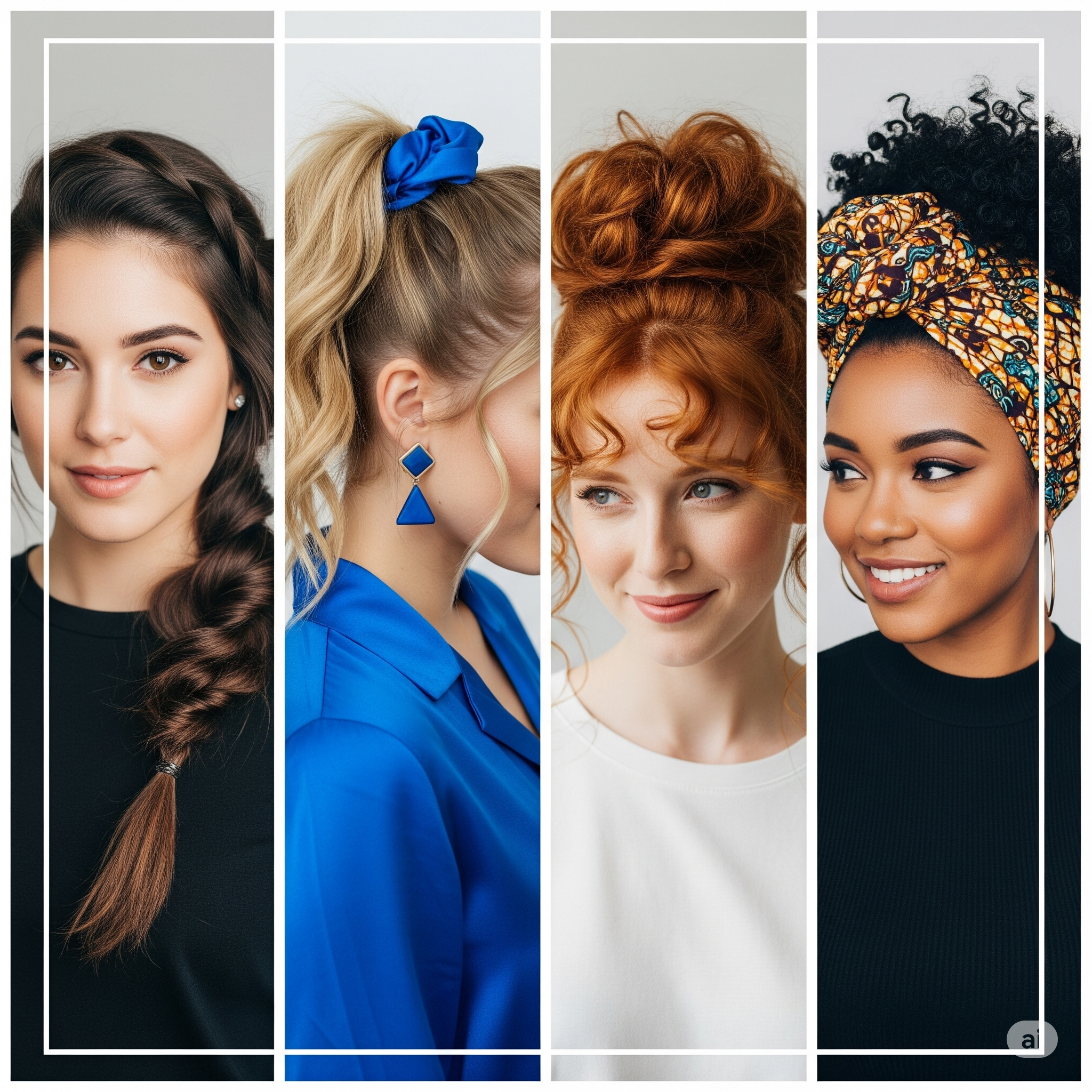 Colagem com quatro mulheres demonstrando penteados protetores para diferentes tipos de cabelo: uma mulher de cabelo liso com trança, uma de cabelo ondulado com scrunchie, uma de cabelo cacheado com coque abacaxi e uma de cabelo crespo com um turbante.