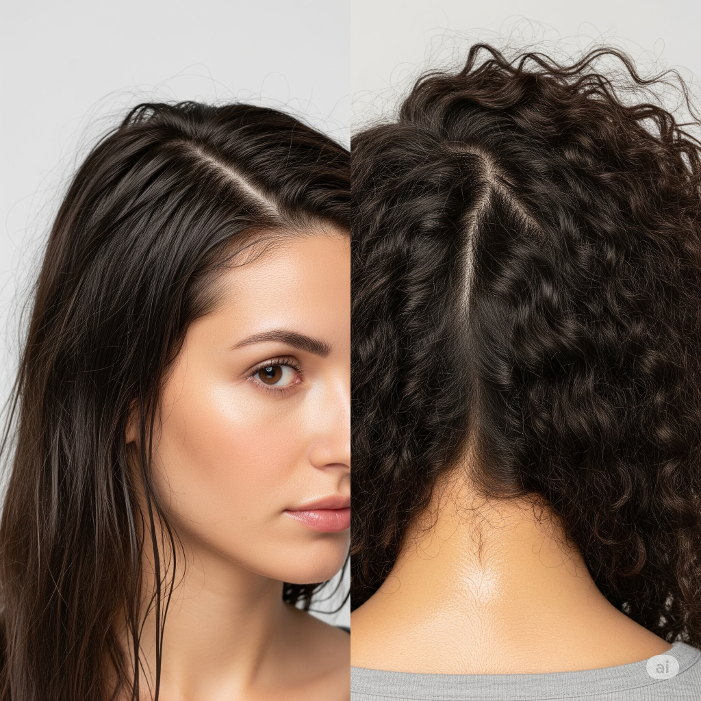 Imagem dividida comparando o efeito da oleosidade em dois tipos de cabelo. À esquerda, uma mulher com cabelo liso que aparenta oleosidade da raiz às pontas. À direita, um close-up de um cabelo cacheado com a raiz oleosa, mas as pontas visivelmente secas.