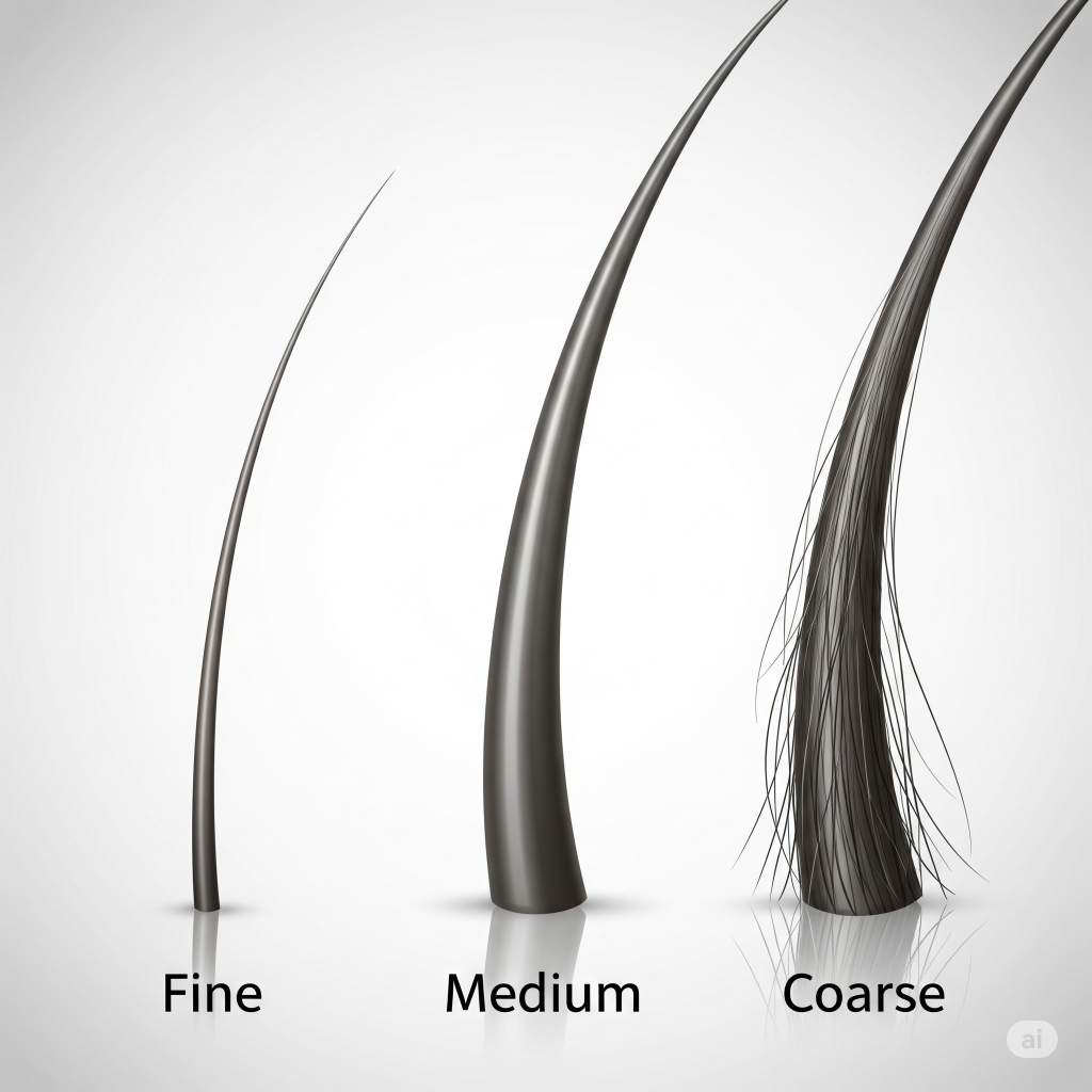 Ilustração comparativa mostrando três fios de cabelo lado a lado para demonstrar a diferença de espessura. Da esquerda para a direita: um fio fino, um fio médio e um fio grosso, com seus respectivos rótulos abaixo.