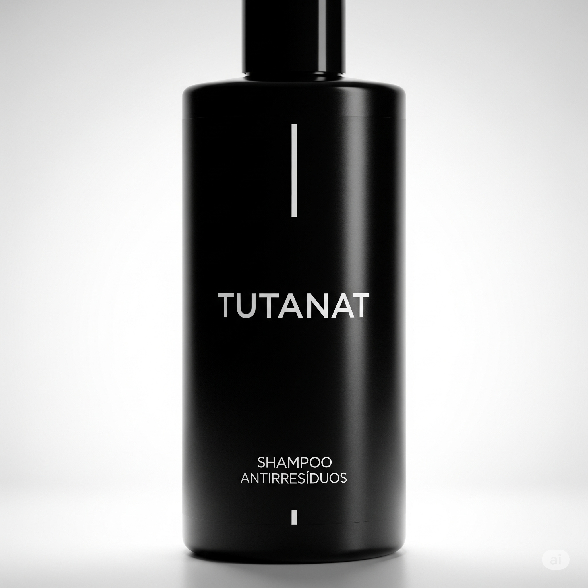 Uma garrafa preta e cilíndrica do Shampoo Antirresíduos Tutanat, em um fundo branco.