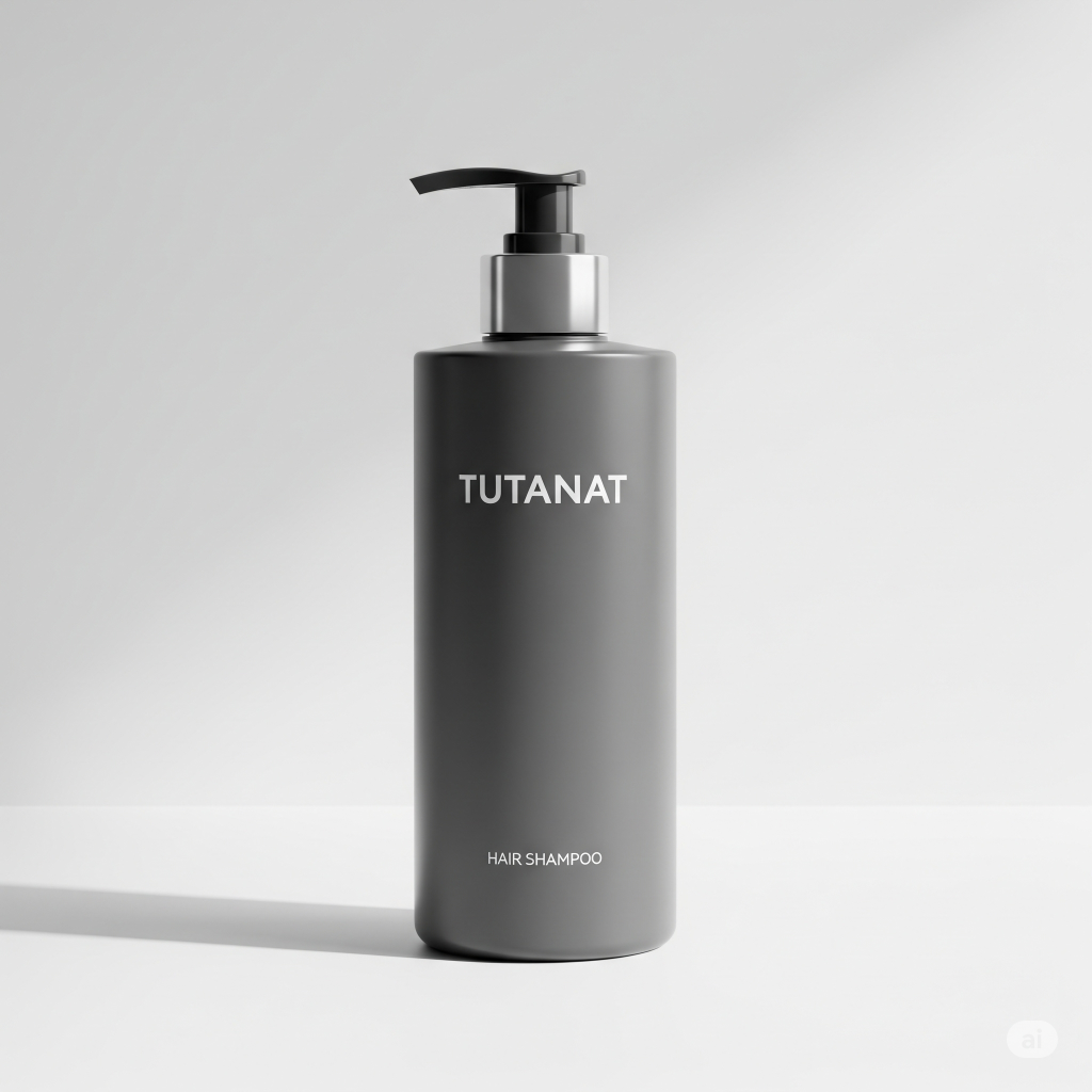 Fotografia profissional de uma garrafa de shampoo Tutanat na cor cinza-escura, em um fundo branco.