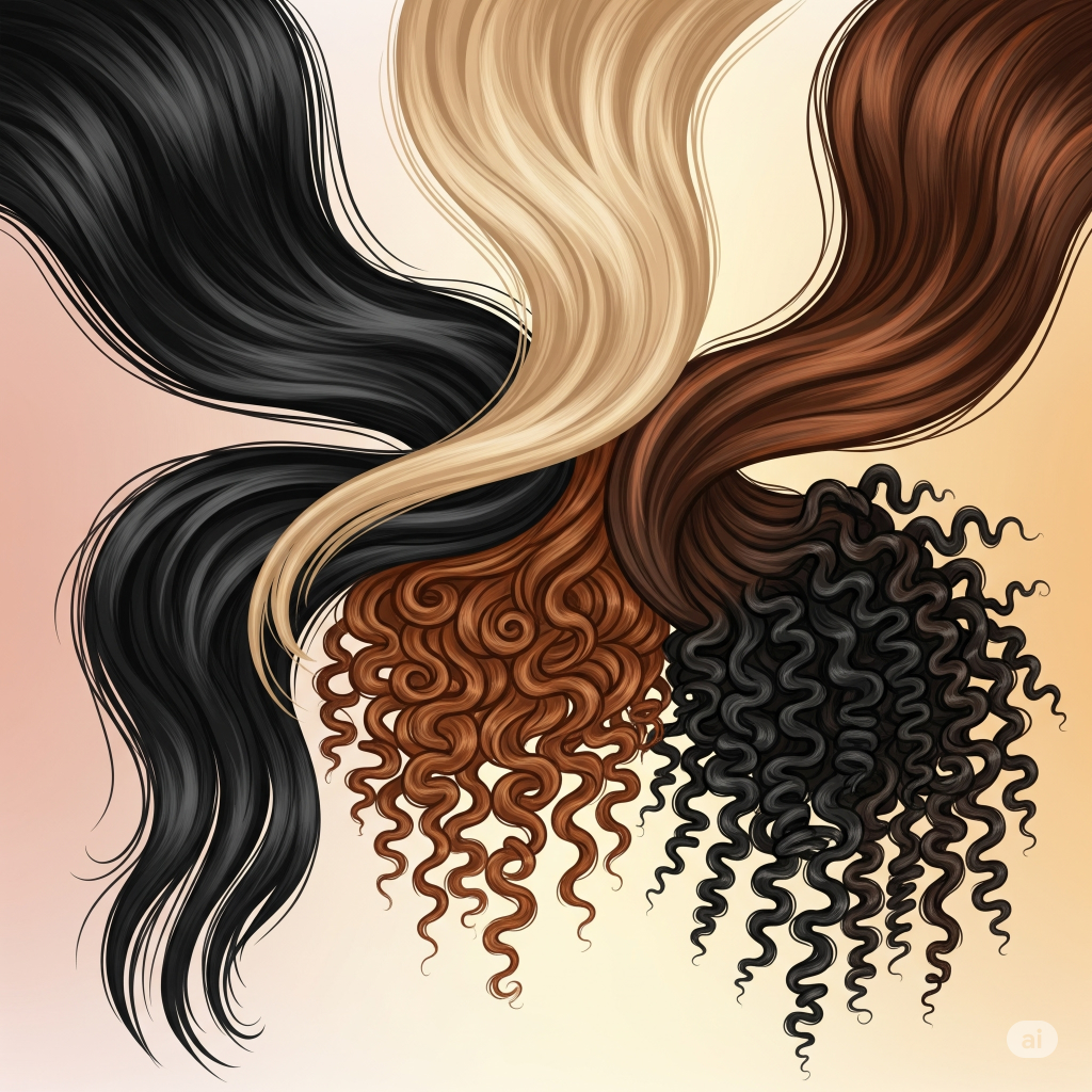 Ilustração artística exibindo quatro mechas de cabelo com as principais texturas — liso, ondulado, cacheado e crespo — em cores diferentes, entrelaçando-se de forma harmoniosa no centro da imagem sobre um fundo de cor suave.