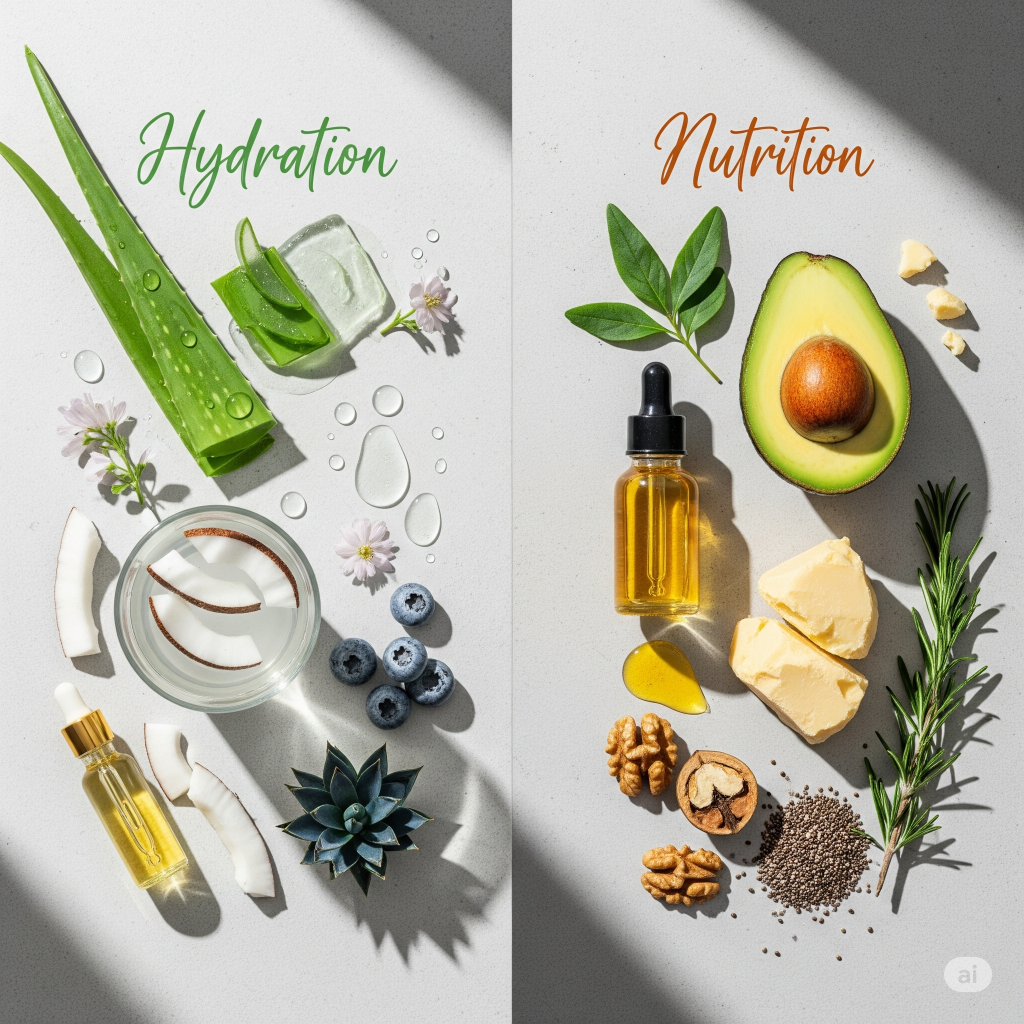 Imagem dividida em duas seções para comparar ingredientes. À esquerda, a seção 'Hidratação' (Hydration) com babosa e água de coco. À direita, a seção 'Nutrição' (Nutrition) com abacate, óleos e manteiga de karité, ilustrando a diferença entre os tratamentos capilares.