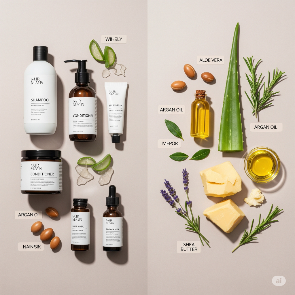 Composição de produtos para cabelo, como shampoo e condicionador, ao lado de ingredientes naturais correspondentes, como aloe vera, óleo de argan, e manteiga de karité, ilustrando a escolha de produtos com ingredientes eficazes.