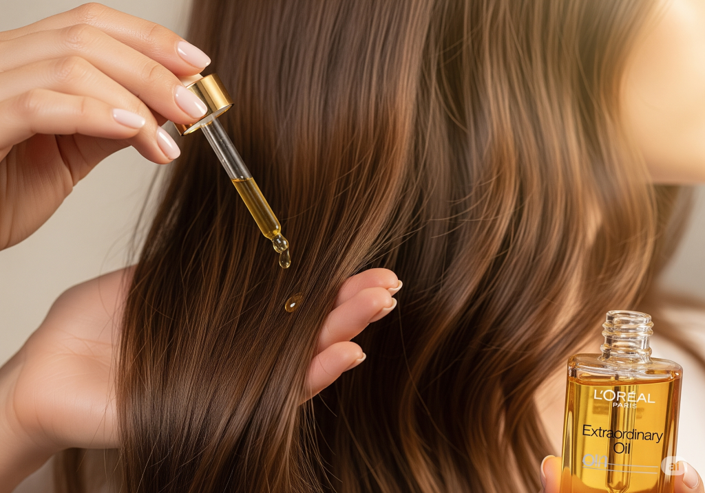 Uma mão aplicando Óleo Extraordinário de L'Oréal Paris com um conta-gotas nas pontas do cabelo, destacando o brilho e a maciez dos fios.