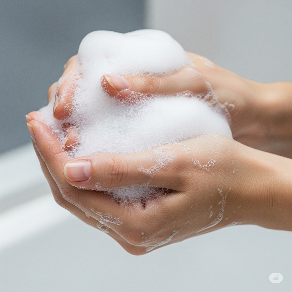 Uma foto de close de duas mãos criando uma espuma branca e rica com o shampoo, simbolizando a limpeza profunda.