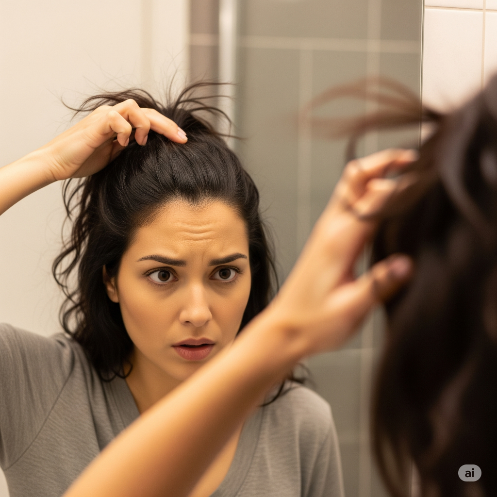Mulher olha no espelho com uma expressão preocupada enquanto levanta uma mecha de cabelo para inspecionar a raiz, ilustrando o problema do couro cabeludo oleoso.
