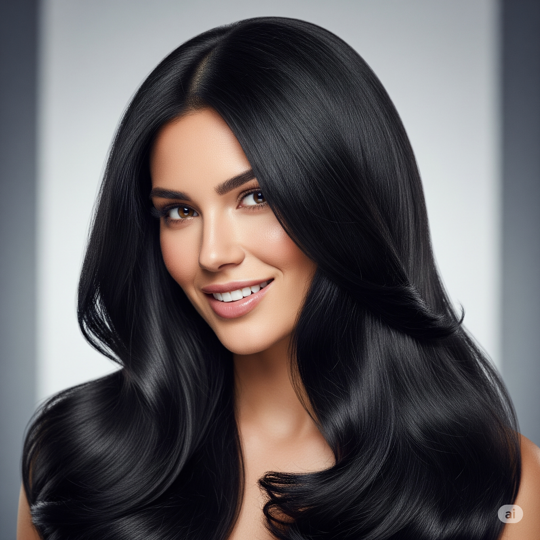 Close-up de uma mulher sorrindo com um cabelo preto, longo e brilhante, mostrando o resultado de uma tintura de alta qualidade.