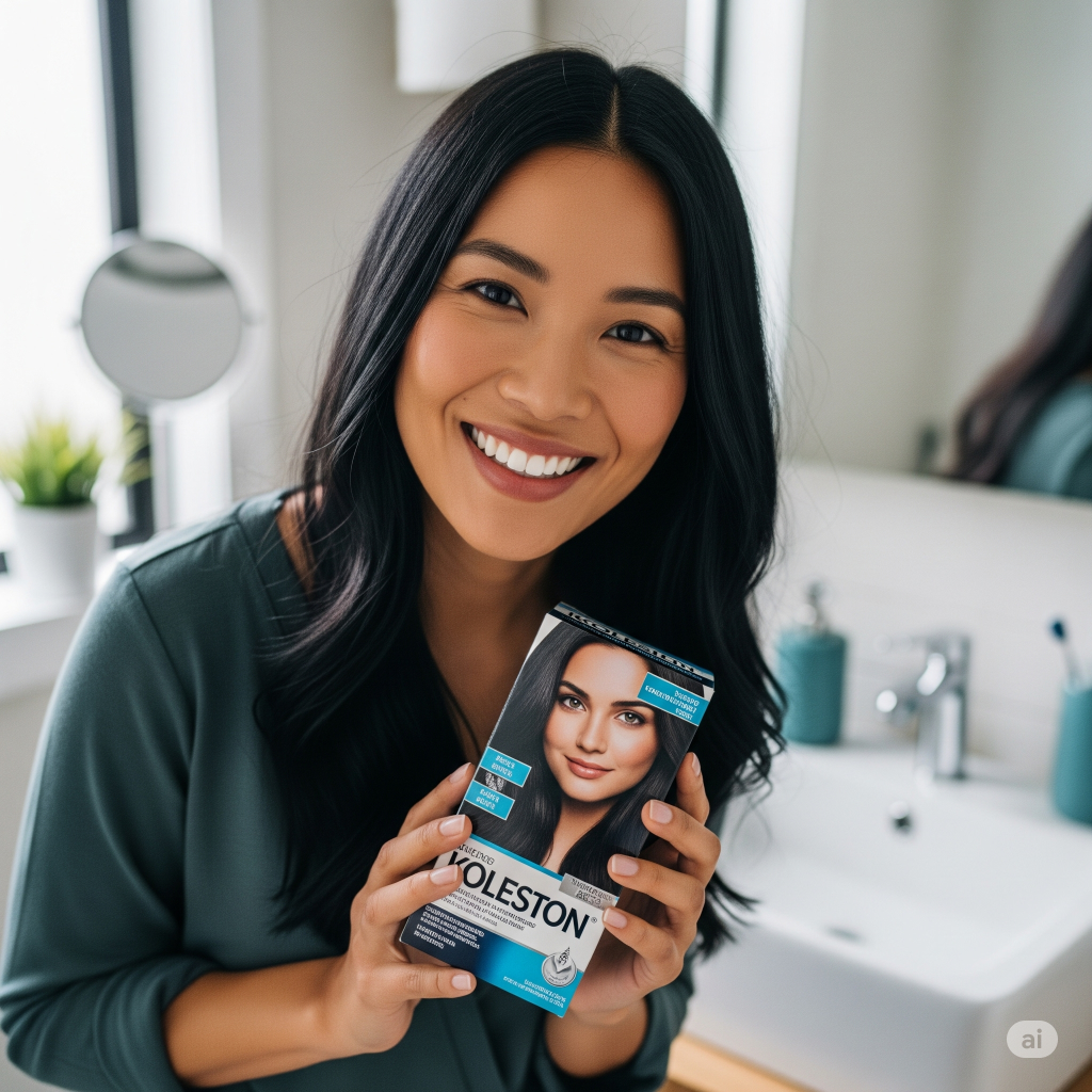 Uma mulher sorridente em seu banheiro, segurando a caixa da Tintura Koleston, com o cabelo preto e brilhante.