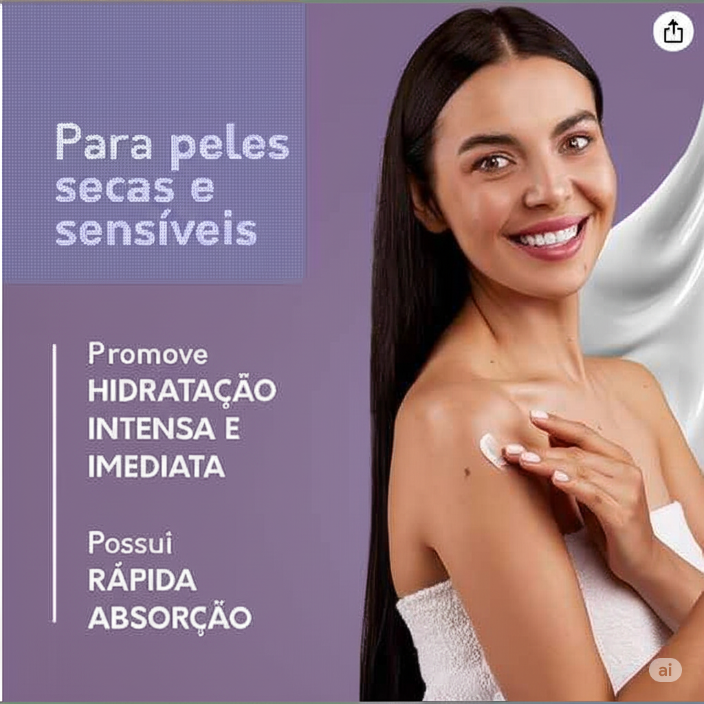Uma mulher sorridente aplicando creme hidratante Epidrat na pele do ombro, com destaque para os benefícios de hidratação intensa e rápida absorção para peles secas e sensíveis.