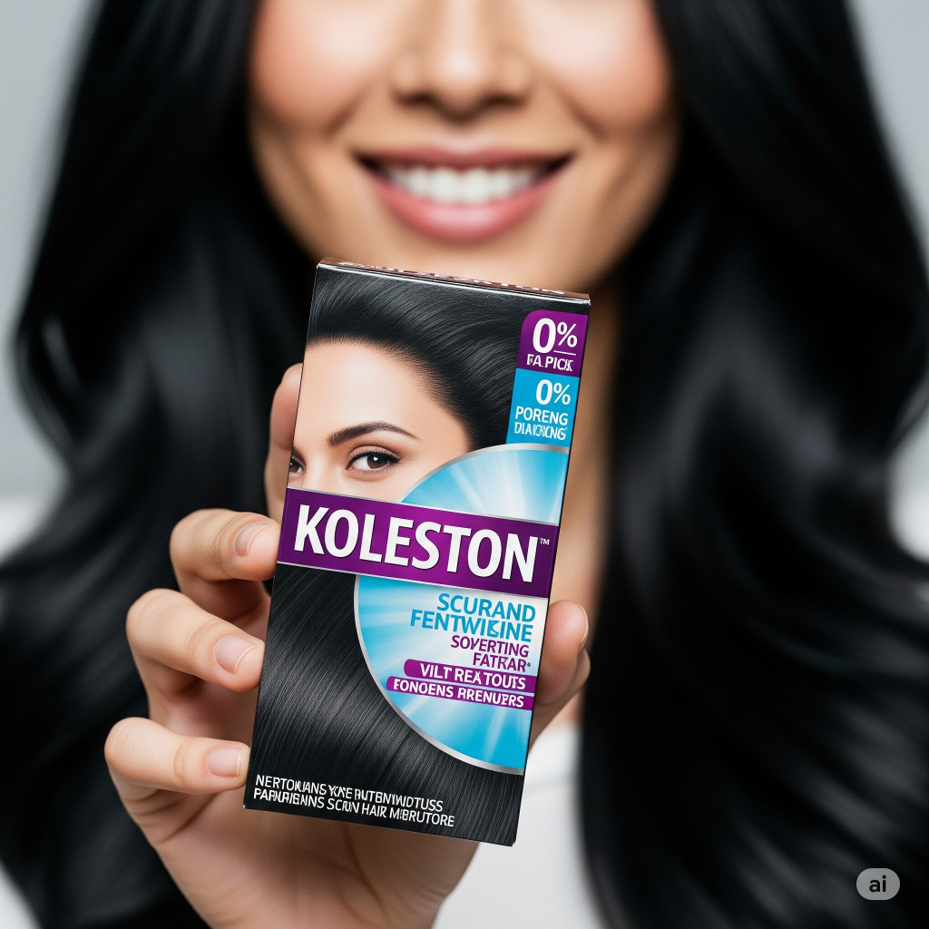 Uma mulher sorrindo e segurando a caixa da Tintura Koleston 20, com o cabelo preto e brilhante ao fundo.