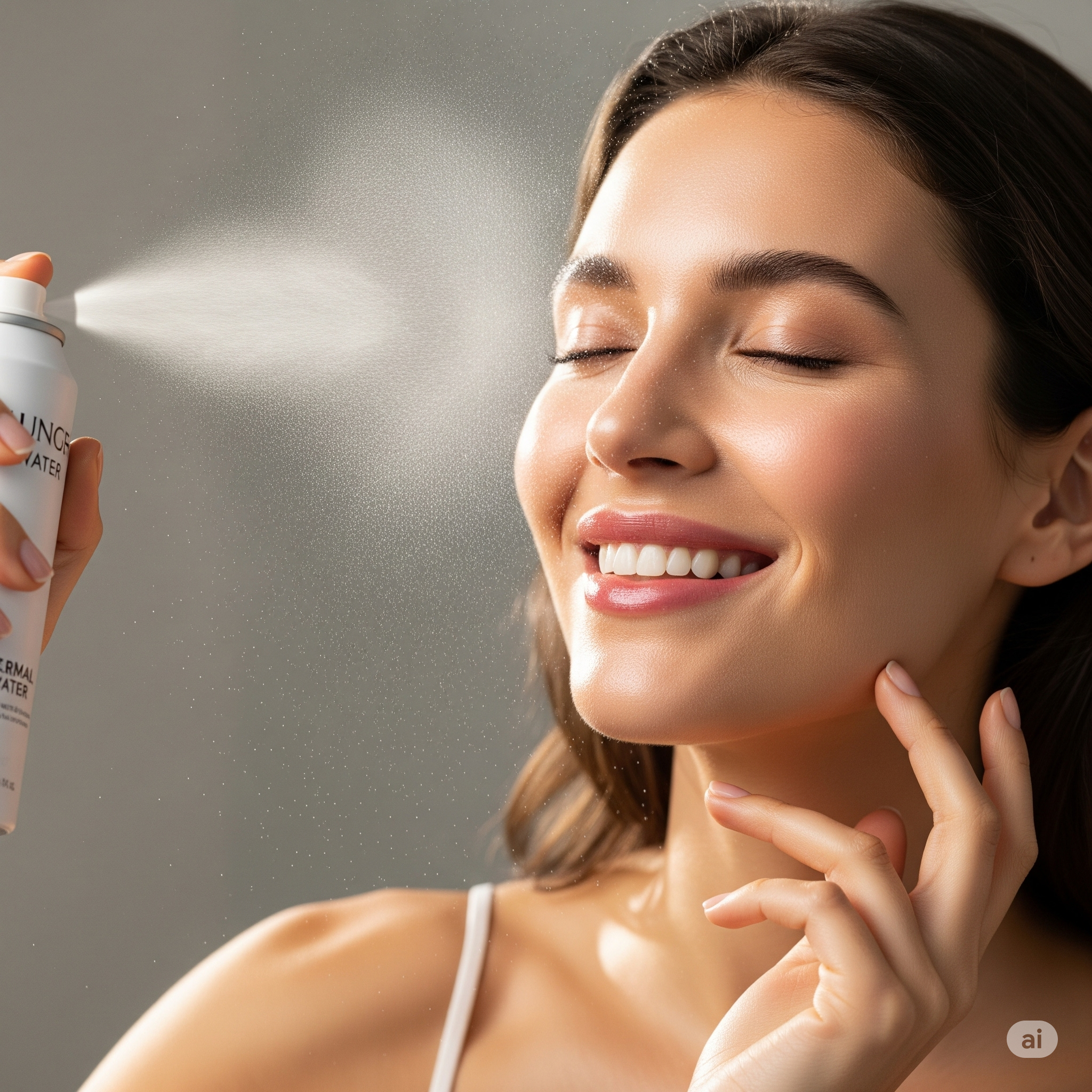 Uma mulher sorrindo com os olhos fechados, borrifando água termal no rosto, destacando a sensação de refrescância e bem-estar.