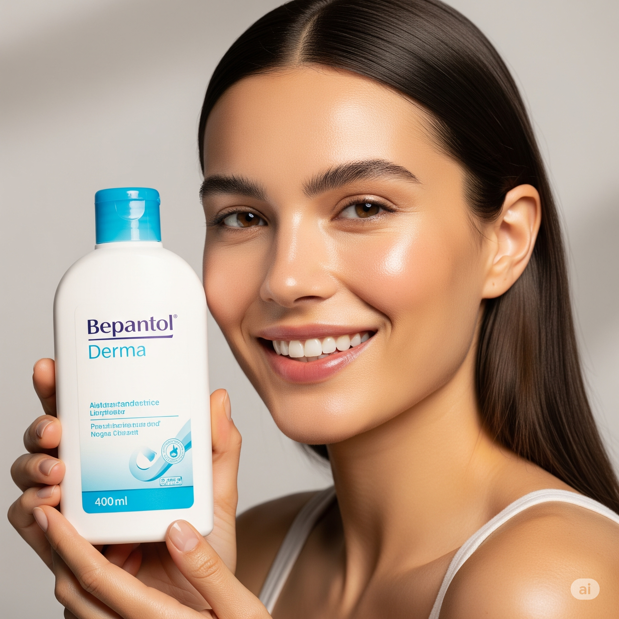 Uma mulher sorrindo com pele radiante, segurando um frasco de Creme Bepantol Derma, destacando a saúde e a hidratação da pele.