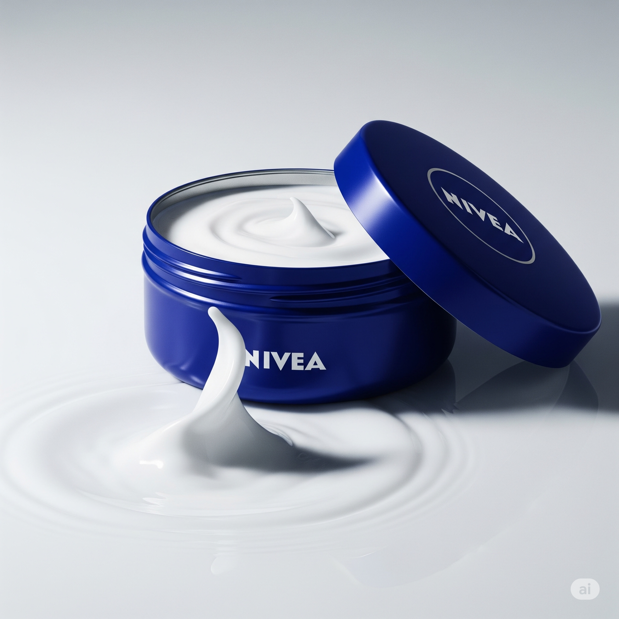 Pote de Creme Nivea Azul parcialmente aberto, com uma gota de creme caindo, criando ondas. A imagem destaca a textura cremosa e a hidratação intensa do produto.