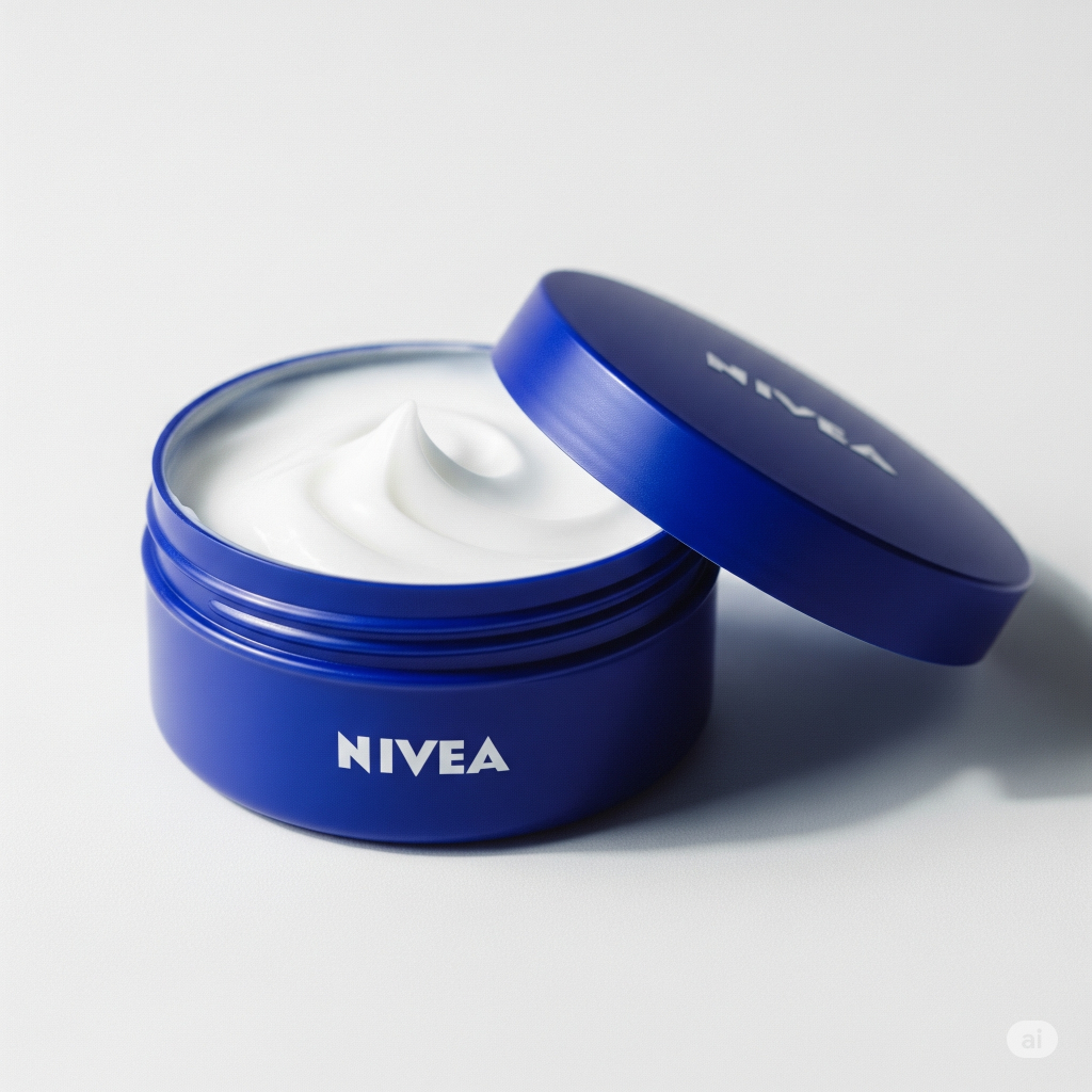 Pote azul icônico do Creme Nivea, com a tampa aberta mostrando a textura densa e cremosa do produto. O clássico da hidratação.