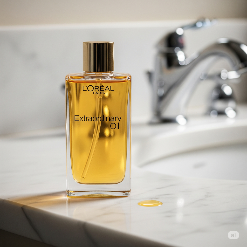 Frasco do Óleo Extraordinário de L'Oréal Paris sobre uma pia de mármore branco em um banheiro, com uma gota de óleo ao lado. A imagem transmite uma sensação de luxo e cuidado.