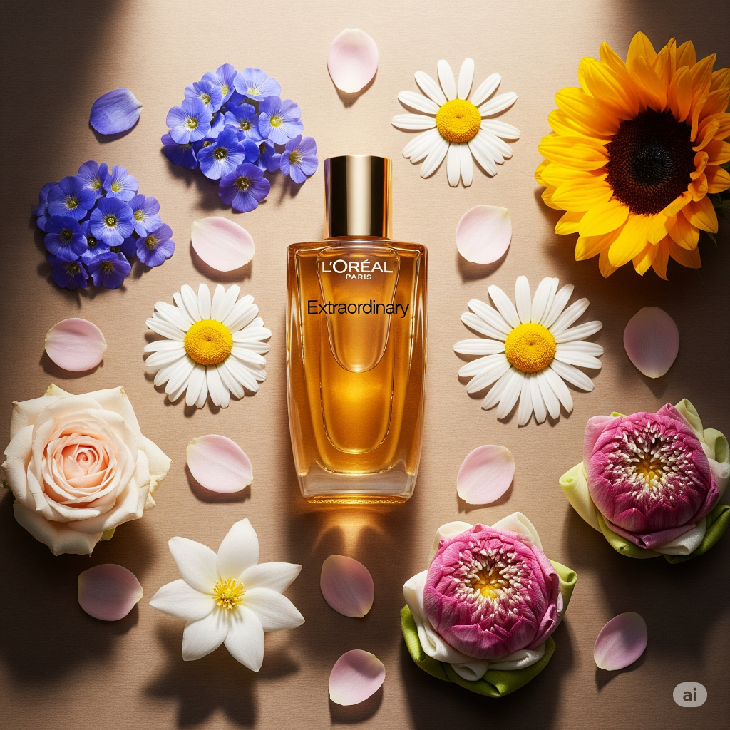 Frasco do Óleo Extraordinário de L'Oréal Paris, cercado por pétalas e flores, como camomila e girassol, destacando a sua fórmula com óleos de 6 flores preciosas.