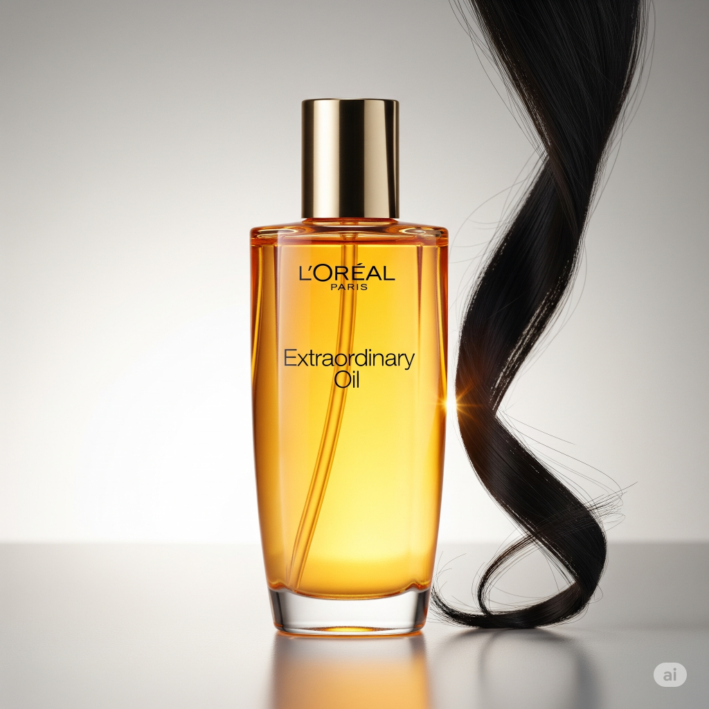 Frasco de Óleo Extraordinário de L'Oréal Paris com um fio de cabelo ao lado, representando o brilho e a nutrição que o produto traz para os cabelos.