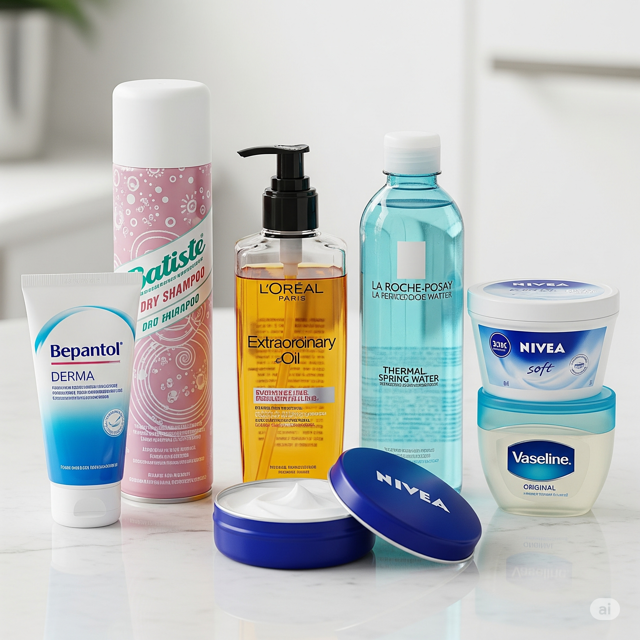 Coleção com 7 clássicos da beleza como Creme Nivea, Bepantol Derma, Água Termal La Roche-Posay, Óleo Extraordinário de L'Oréal, Batiste, Vaselina e Nivea Soft.