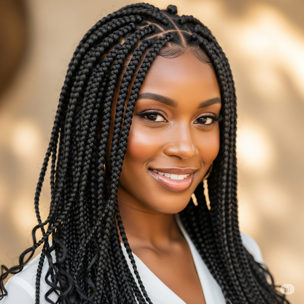 Mulher negra sorrindo com o penteado protetor box braids (tranças soltas), uma opção criativa e que protege os fios do cabelo crespo tipo 4.