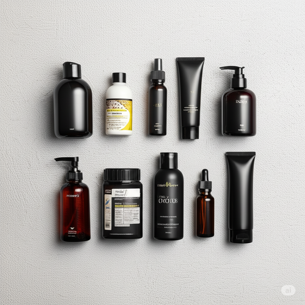 Composição de produtos essenciais para cabelo crespo, incluindo frascos, tubos e um pote de creme, organizados sobre um fundo neutro para um guia de cuidados.