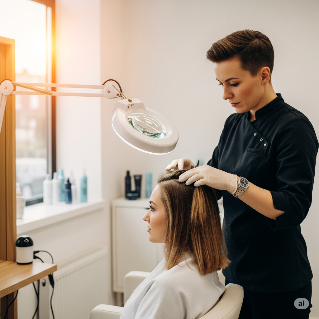 Profissional especialista (tricologista ou cabeleireira) examina o couro cabeludo de uma cliente com uma lupa de aumento em um salão, representando a busca por ajuda profissional para a saúde capilar.