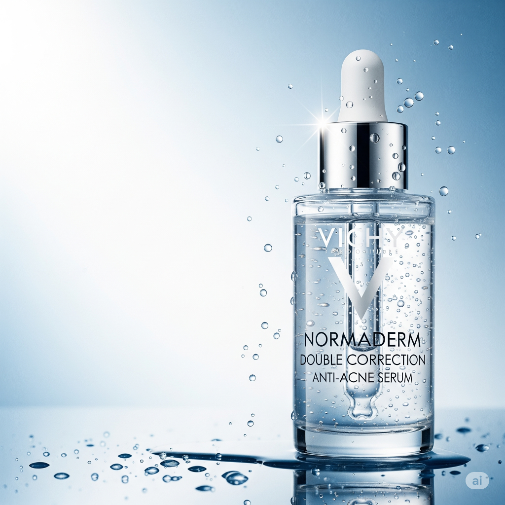 Frasco do Sérum Vichy Normaderm com conta-gotas, coberto de gotas de água, em fundo azul e branco.