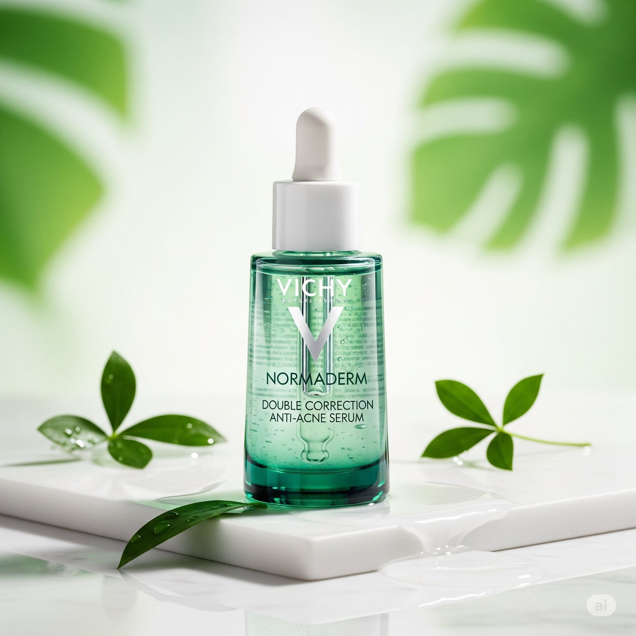 Sérum Vichy Normaderm Double Correction em fundo com folhas verdes.