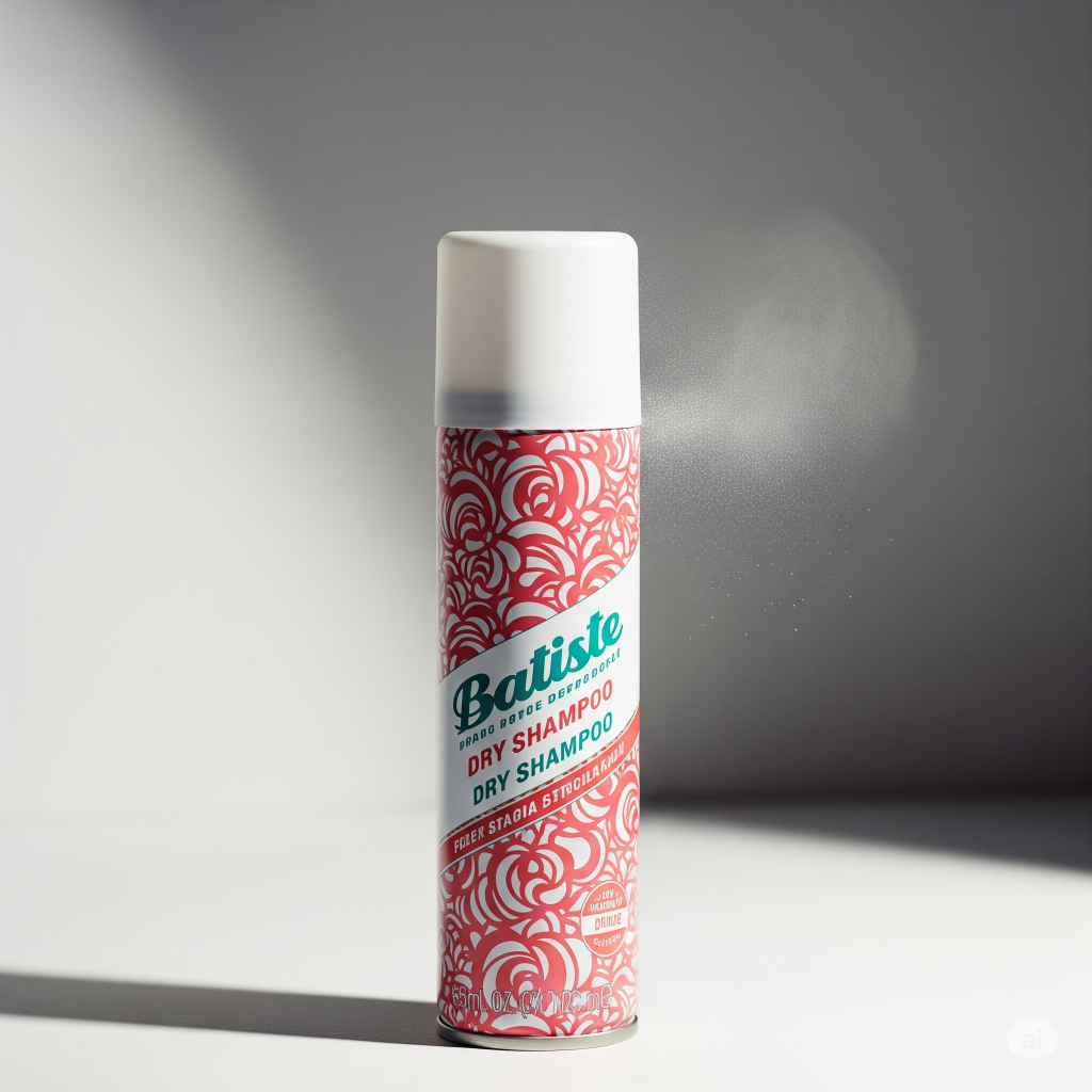 Frasco de shampoo a seco Batiste em close-up, com um spray de pó saindo do bico, destacando o produto como um clássico para os dias corridos.