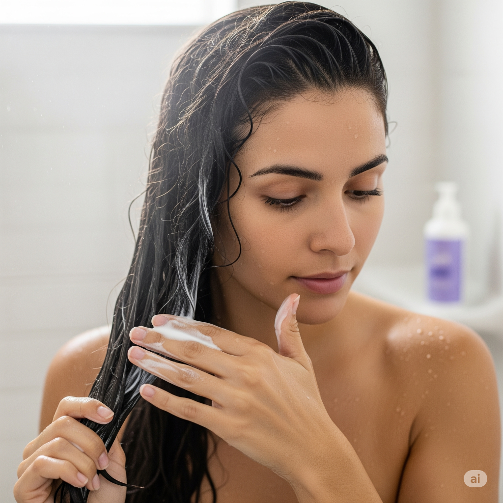 Mulher no chuveiro aplicando condicionador cuidadosamente no comprimento do cabelo molhado, ilustrando uma técnica de condicionamento personalizado para cuidados capilares.