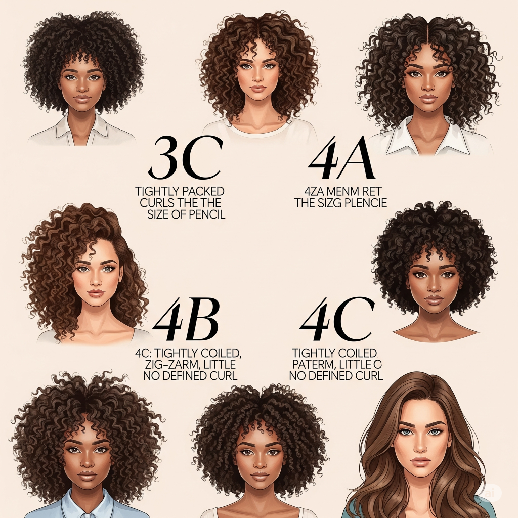 Infográfico ilustrativo mostrando os diferentes tipos de cabelo crespo, com exemplos das curvaturas 3C, 4A, 4B e 4C para ajudar na identificação dos fios.