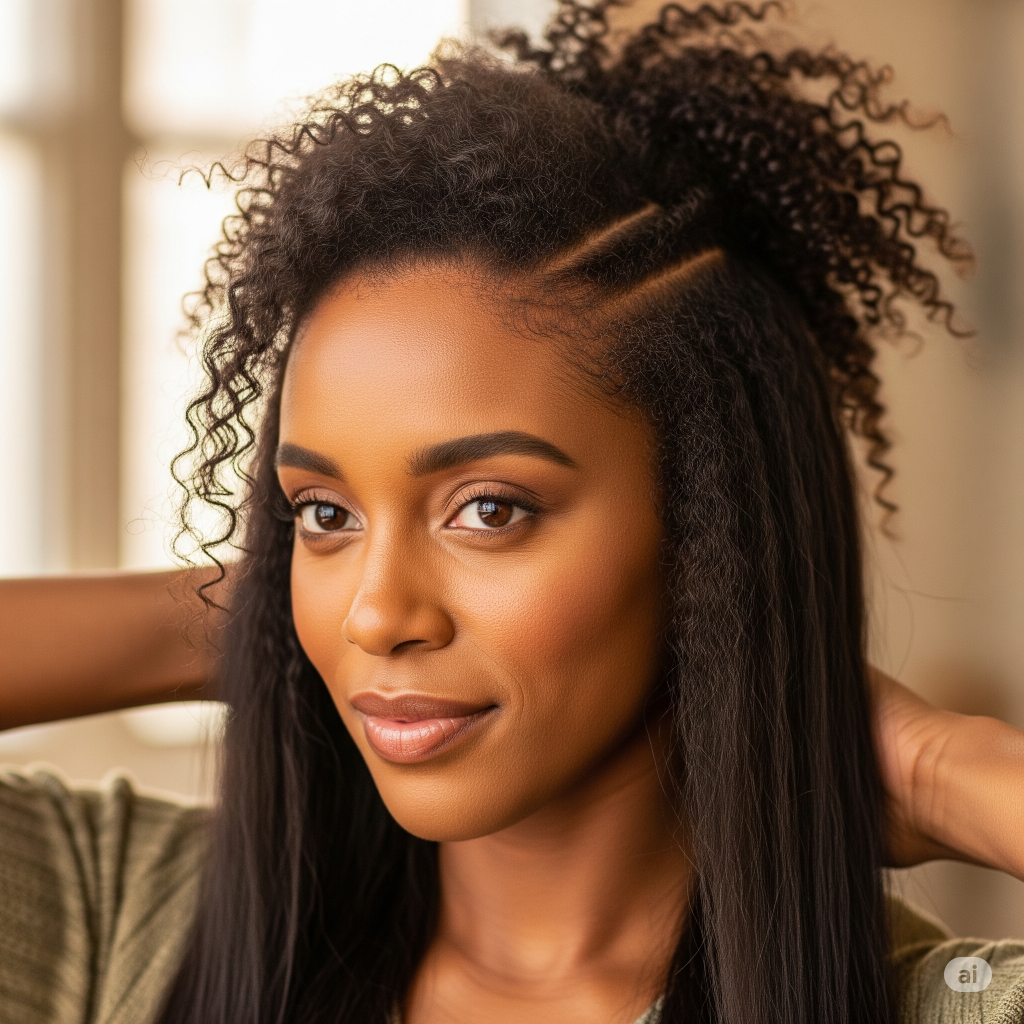 Mulher negra em transição capilar, mostrando a raiz com cabelo crespo natural crescendo e as pontas ainda lisas por química, ilustrando a jornada de volta ao cabelo natural.