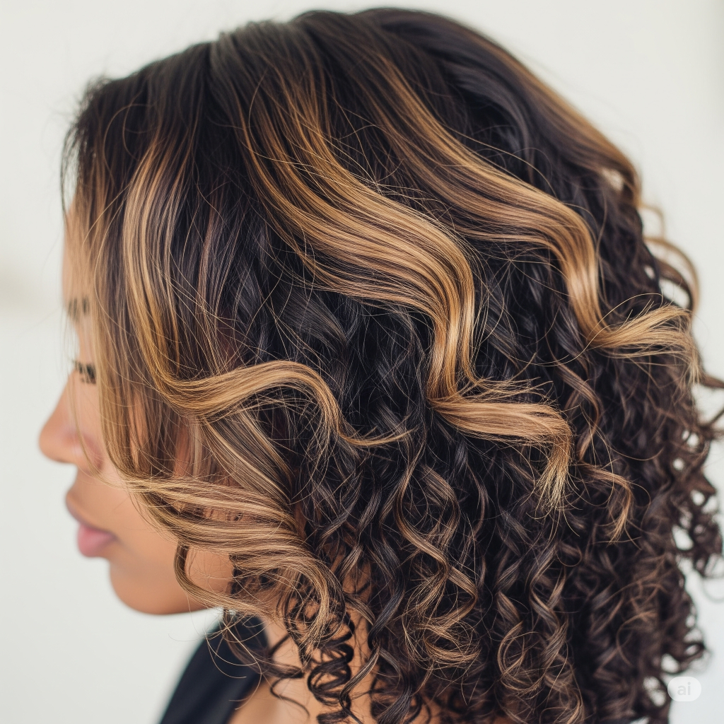 Uma mulher de lado, com o cabelo mostrando transições de textura, de ondulado para cacheado e crespo. A imagem destaca a diversidade de tipos de cabelo em uma pessoa.