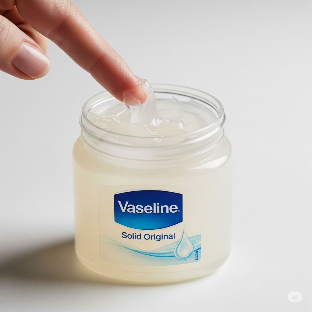 Pote de Vaselina Sólida, com um dedo pegando um pouco do produto, destacando a sua textura e o uso prático do clássico multiuso.