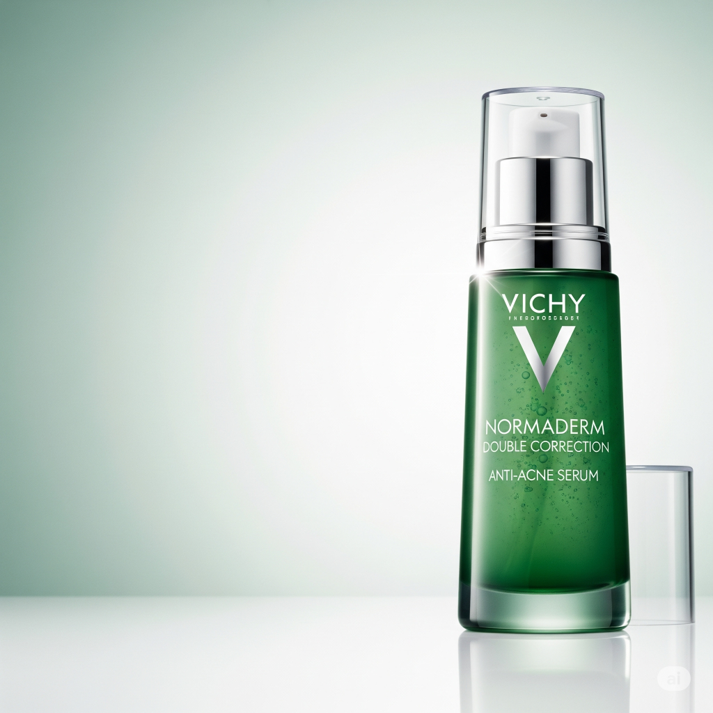 Frasco verde-claro do sérum Vichy Normaderm com tampa prateada, em fundo verde.